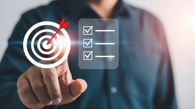 Man pointing to a target with checklist icons overlayed