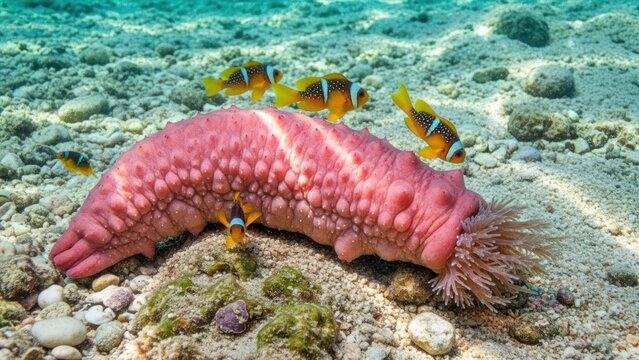A pink sea cucumber with clownfish on a sandy ocean floor.