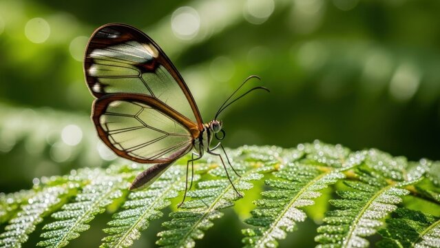 A glasswing butterfly perched on a leaf with dew drops.
