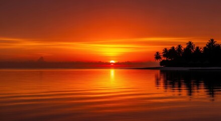 Beautiful tropical beach sunset with silhouetted palm trees