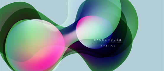 Abstract colorful shapes overlap creating dynamic visual effect. Gradient hues blend, forming flowing design elements. Background is light blue.
