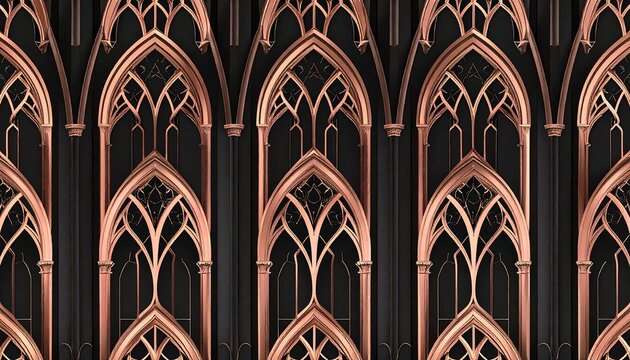 Elegant Seamless Rose Gold Gothic Arch Pattern on Dark Background