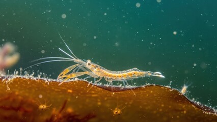 A small shrimp with yellow and white markings on a green and brown surface with a blurred background.