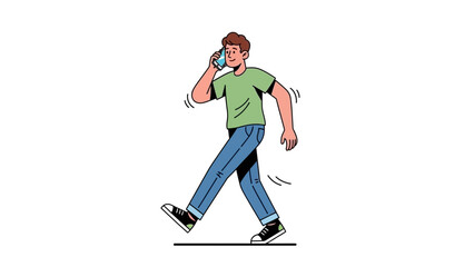 Obraz premium Young Man Walking and Talking on a Smartphone A Modern Lifestyle Depiction of Digital Communication and Mobile Connectivity
