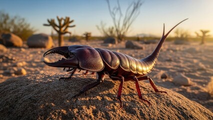 A large, metallic-colored beetle with a long tail and large, segmented body, standing on a rock in a desert landscape with cacti and rocks in the background.
