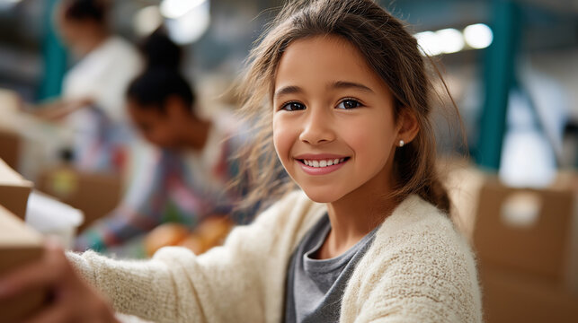 Young girl assisting, donation center distribution, free meals providing, local community need, charity workers service, humanitarian aid organization, food security program, facel