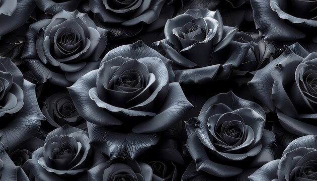 Elegant Dark Grey Roses Floral Background with Water Droplets. Monochromatic Black and White Rose Petals Texture for Luxury, Gothic, and Romantic Design.