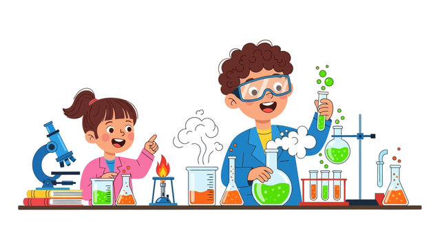 Children in a laboratory conducting science experiments, with a microscope, beakers, and bubbling liquids