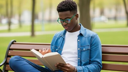 Young man reading on a park bench: relaxed outdoor enjoyment and focused study