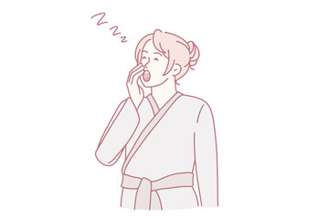 Tired young woman in bathrobe yawn suffer from insomnia have sleep deprivation. Exhausted girl struggle with fatigue, need relaxation or nap. Healthcare, relax and rest concept. Vector illustration.