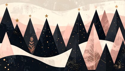 Elegant Geometric Christmas Forest with Gold Stars and Rose Gold Accents