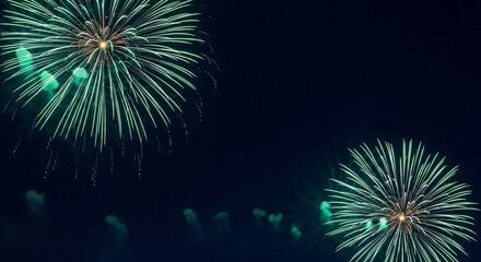 Two green fireworks explode in a dark night sky, representing celebration, festivity, and joy, suitable for event or holiday concept