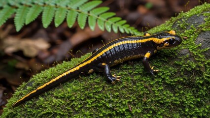 Naklejka premium A black and yellow salamander on a mossy rock with green ferns in the background.