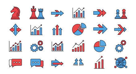 Collection of colorful business and strategy icons, illustrating concepts and ideas.