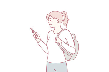 Smiling girl student with backpack using modern smartphone communicating online. Happy woman with cellphone browsing social networks on gadget. Flat vector illustration.