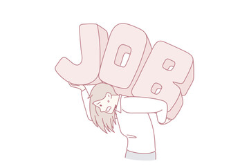 Exhausted businesswoman carry on back word letter Job struggle with overload in office. Tired unwell woman employee suffer overwhelmed with workload. Overwork concept. Vector illustration.