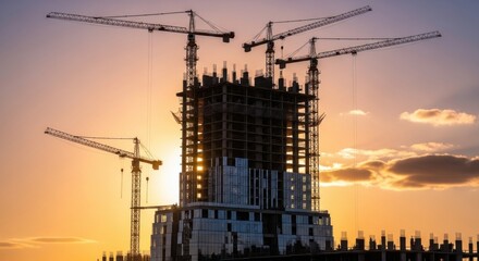 Construction site with towering cranes and skyscraper at dramatic sunset
