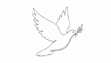 A single line drawing of a dove flying with an olive branch in its beak on a white background