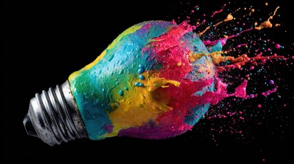 A lightbulb is bursting with colorful paint splashes creating a vivid scene full of energy. This artwork captures the essence of creativity and innovation in a dynamic way.