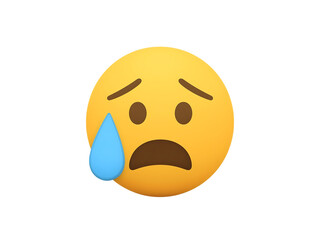 A yellow emoji face with a worried expression and a large blue sweat drop on its cheek isolated on transparent background
