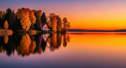 Peaceful Lakeside Home Vibrant Autumn Sunset Reflection