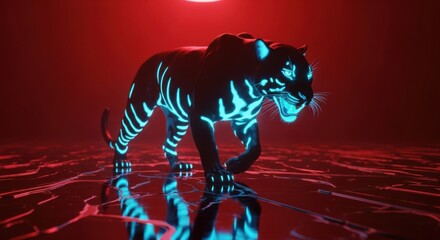 Neon Blue Glowing Panther in Red Cyberpunk Environment