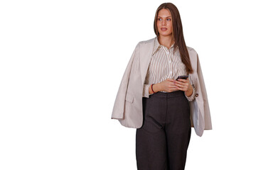 Professional businesswoman holding a mobile phone, thinking and looking away on transparent background