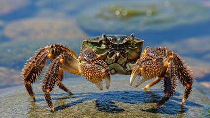A green crab with orange claws on a rocky surface with a blurred background.