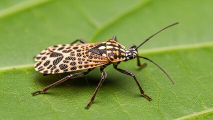 Fototapeta premium A brown and black striped insect with long antennae and legs, perched on a green leaf.