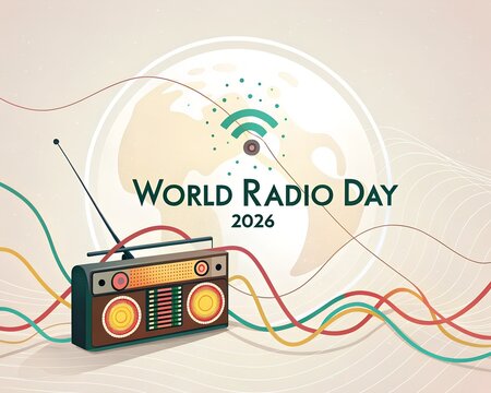 world radio day and abstract music background with headphones
