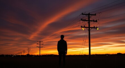 Solitary Figure Watching Vibrant Sunset Over Utility Poles