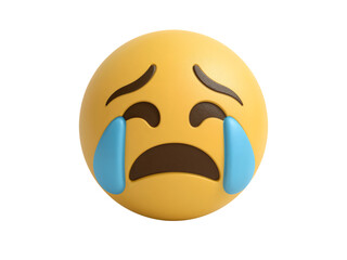 A 3d rendered yellow crying emoji face with large tears streaming down its cheeks isolated on transparent background