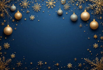 Explore elegant Christmas decorations on a deep blue background, featuring golden snowflakes, ornaments, and stars. Perfect for crafting holiday ambiance and seasonal celebrations. 3d rendering.
