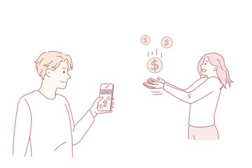 Man send money from smartphone to female colleague or coworker. Male employer make contactless cash or currency transaction to woman on internet. Easy banking concept. Vector illustration.