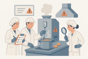 Food safety inspection team analyzing cooking procedures with thermometers and checklists in a laboratory setting ensuring quality control standards and compliance regulations