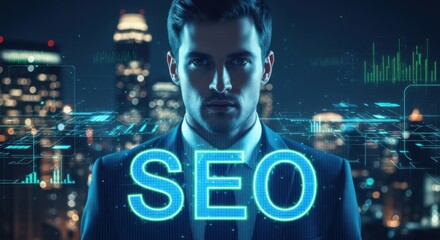 Professional Man Standing Against Digital SEO Data Overlay