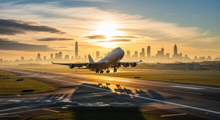 Jet airplane taking off from runway against city skyline at sunrise
