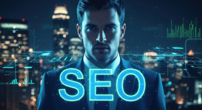 Professional Man Standing Against Digital SEO Data Overlay