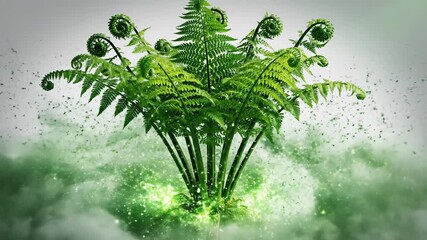 Green fern fronds emerging in magical light with sparkling particles and misty effect representing nature and growth - Powered by Adobe