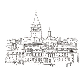 Urban Sketch illustration. Travel sketch of The Galata Tower in Istanbul, Turkey. Liner sketches architecture of the panorama Turkish old town. Freehand drawing. Line art drawing with a pen on paper.