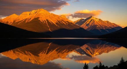 Majestic Golden Mountains Reflected in Tranquil Lake at Golden Hour