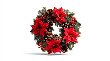 A christmas wreath with red poinsettias and pine cones on a white background
