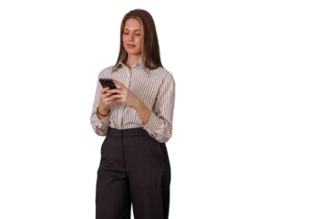 Young businesswoman standing, texting on smartphone, using mobile app, connecting for communication and networking, transparent background