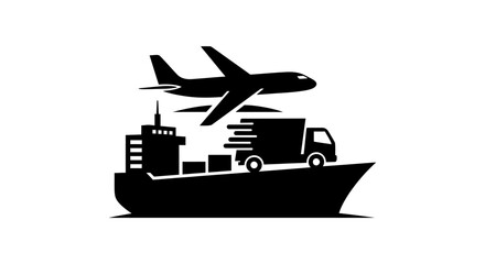 Black and white illustration of global transportation methods: airplane, truck, and cargo ship.