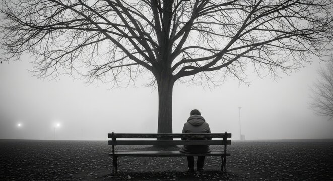 Solitary person sitting on a bench under a bare tree in dense fog