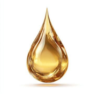 Golden liquid drop, isolated on white.  Glossy, teardrop shape with a reflective surface