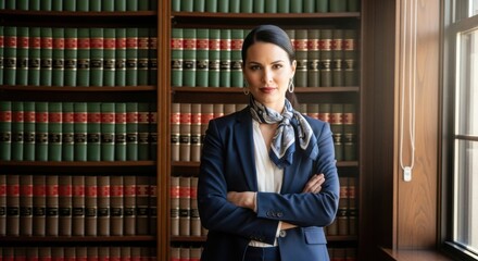 Confident female professional in law office library