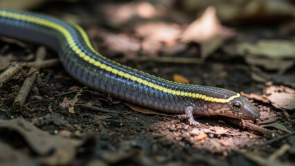 Obraz premium A blue and yellow striped snake on a forest floor with leaves and twigs.