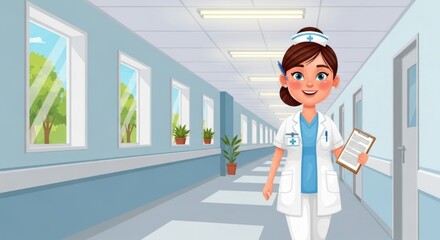 Cartoon nurse in white coat in bright hospital hallway
