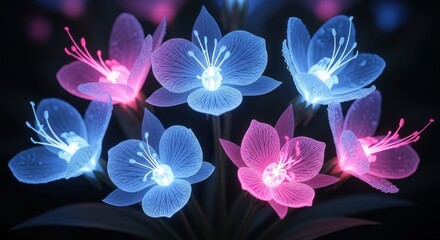Ethereal glowing flowers in vivid blue and pink hues